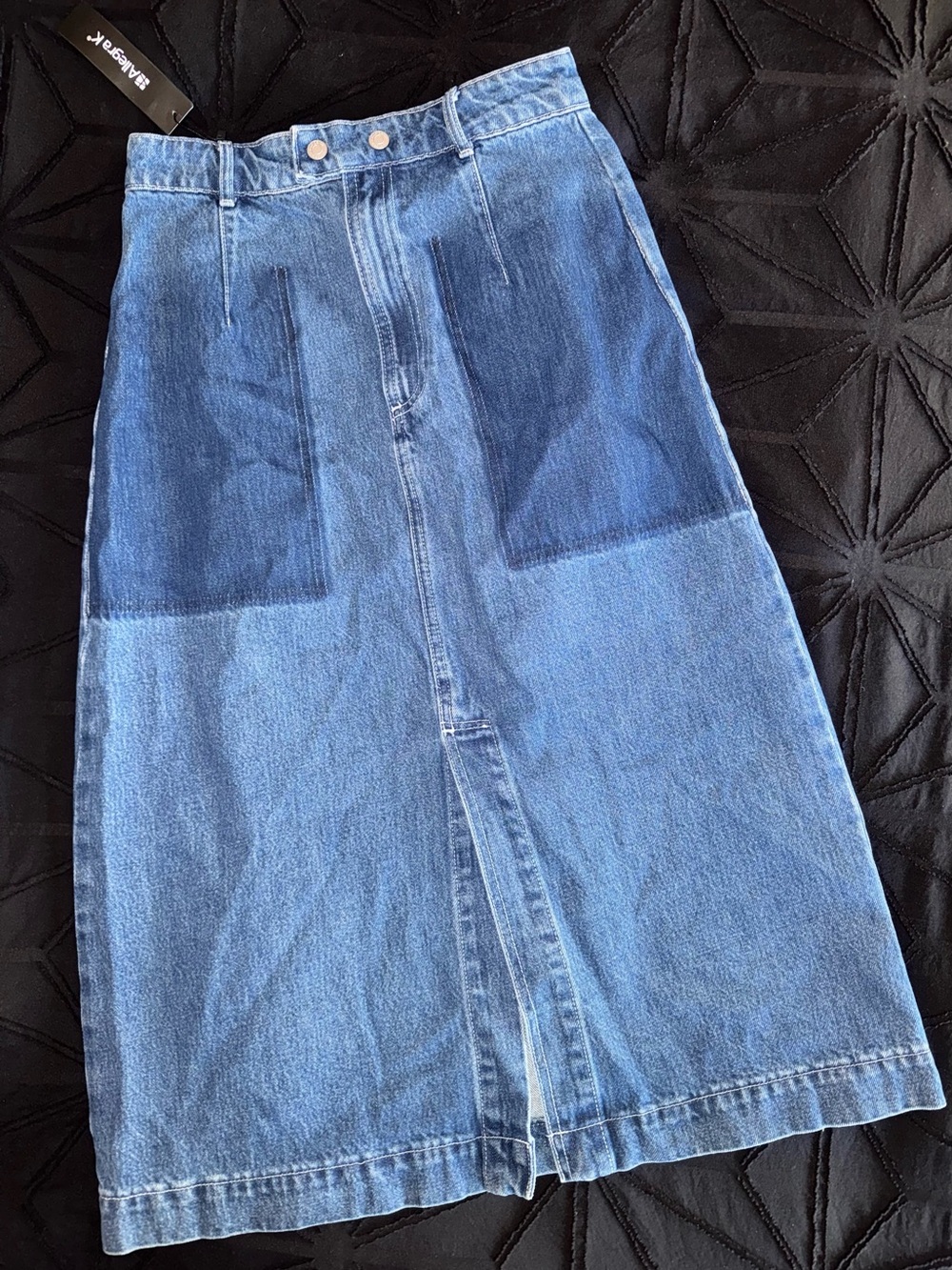 Allegra K Two-Tone Blue Patchwork Denim Midi Skirt